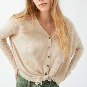 UO Oversized Waffle Knit Thermal Button Tie Top | Beige | Size Small